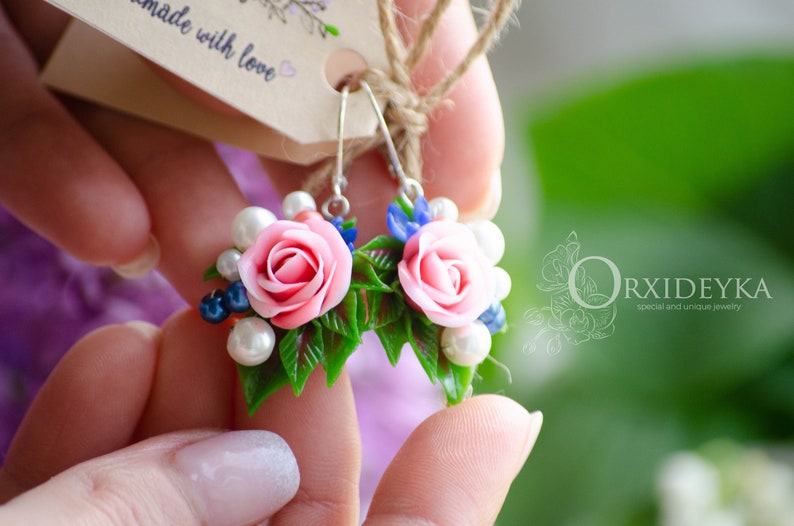 Rose Jewelry Set Pink Blue Rose Necklace Rose Earrings Etsy