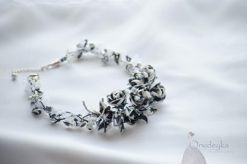 Rose necklace Polymer flower necklace Rose jewelry Black and white jewelry Flower rose necklace Black and white necklace Black rose necklace