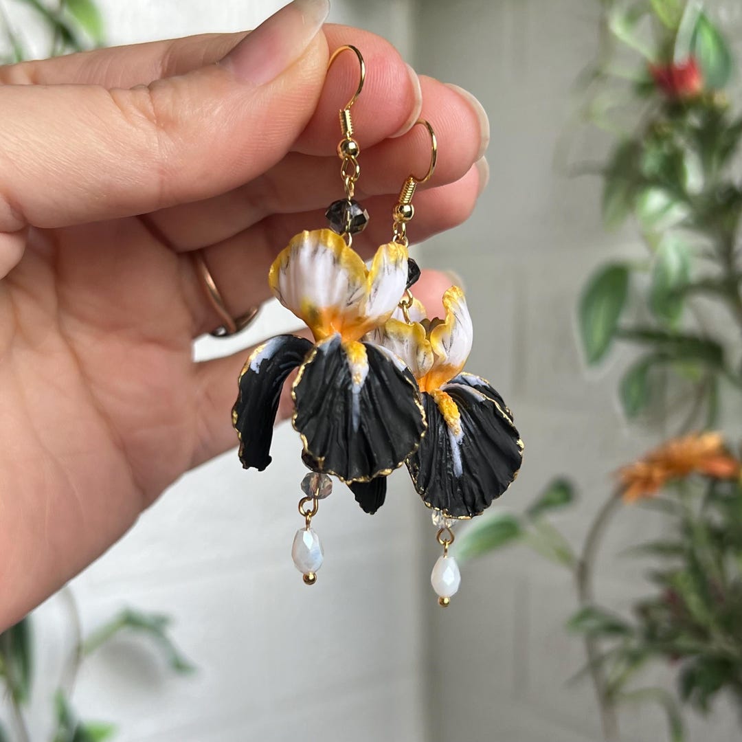 Handmade Polymer Clay Iris Earrings. Black & White Flower With