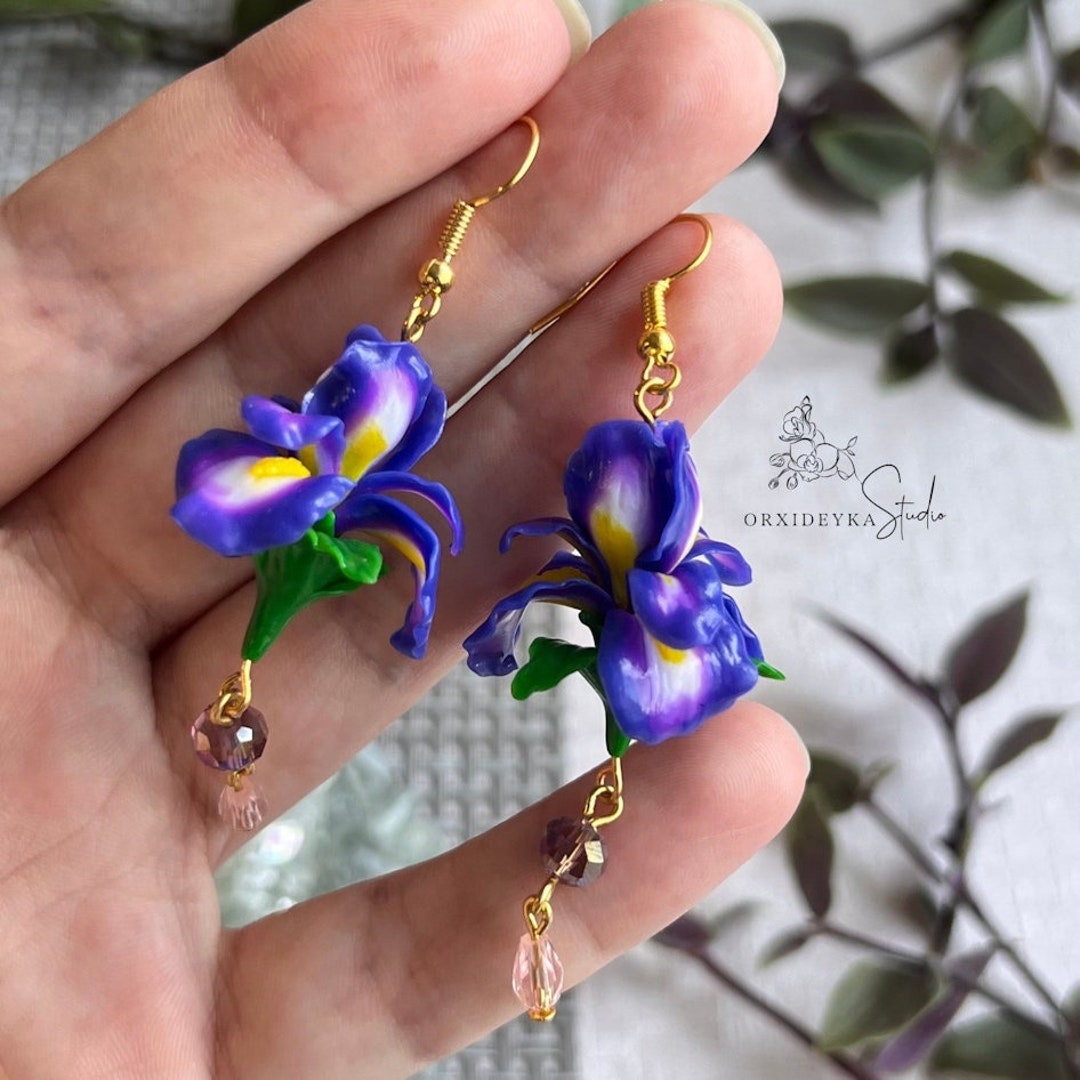 Iris Earrings Blue Violet Iris Jewelry Iris Flower Earrings Polymer