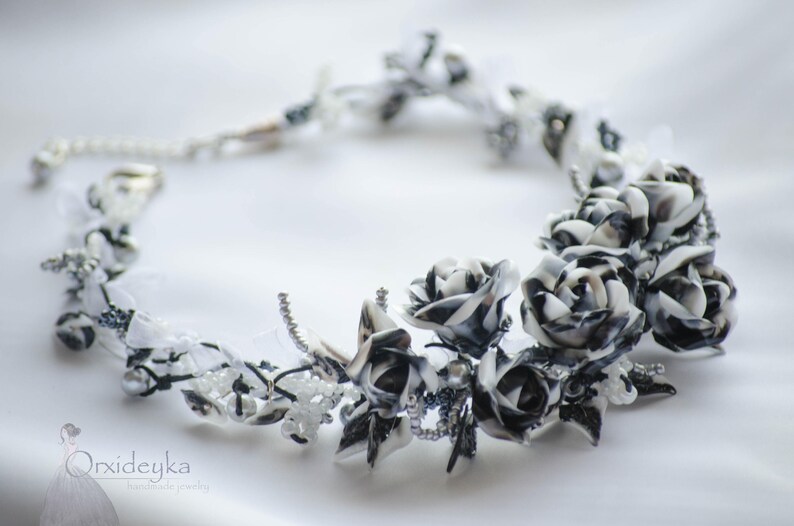 Rose necklace Polymer flower necklace Rose jewelry Black and white jewelry Flower rose necklace Black and white necklace Black rose necklace