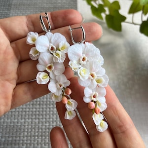 Elegant Handmade Earrings with white Orchids from Polymer Clay. Floral jewelry for the bride with white flowers. Gift for Her
