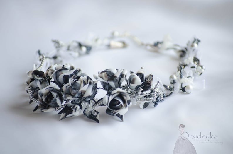 Rose necklace Polymer flower necklace Rose jewelry Black and white jewelry Flower rose necklace Black and white necklace Black rose necklace