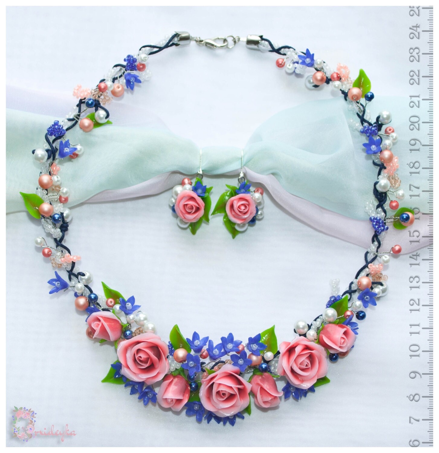 Rose jewelry set pink blue rose necklace rose earrings Etsy