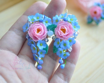 Forget me not dangle earrings Polymer clay Peony and Hydrangea ring Pink sky blue cascade earrings Bridesmaid Jewelry with delicate flowers