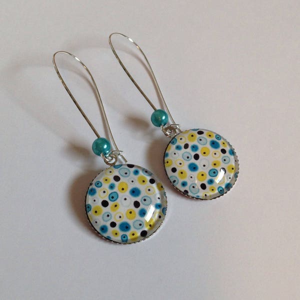 Boucles d'oreilles fantaisies cabochons, pendantes, grandes dormeuses, pop, seventies, pois, retro