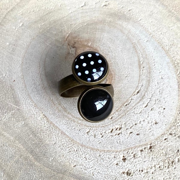 12 mm Cabochon-Ring, zeitlos, schwarz, schwarz mit weißen Punkten, Retro