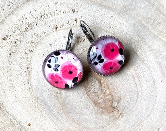 Boucles d'oreilles dormeuses en cabochon, coquelicot,fleur