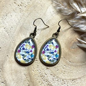 Drop cabochon dangle earrings, fancy, glass cabochon, flowers