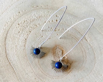 Boucles d’oreilles pendantes soleil, lapis-lazuli, argenté, pierre fine