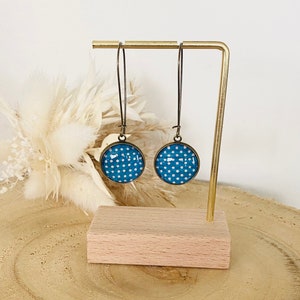 Cabochon dangling earrings, Small polka dots, green, duck green