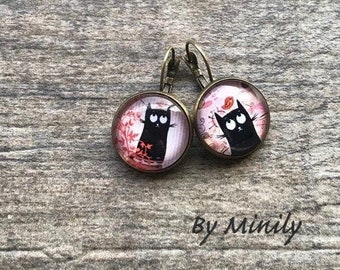 Glass cabochon earrings, sleepers, cat, mismatched, illustration