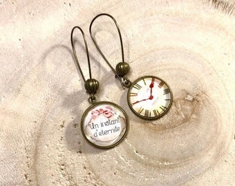 Glass cabochon earrings, mismatched, asymmetrical, clock, stripes, mismatched, proverb