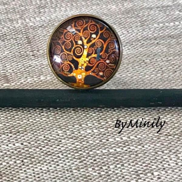 Bague arbre de vie, cabochon ronde, arbre de vie, peintre, Klimt