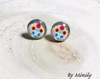 Cabochon chips, folklore, flowers, ear studs, cabochon earrings