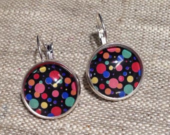 Leverback earrings, cabochon, polka dots, multi-colored