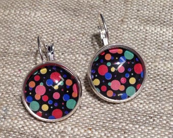 Boucles d'oreilles dormeuses, cabochon, pois, multicolore