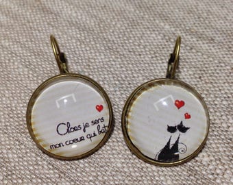 Boucles d'oreilles cabochons en verre, dormeuses, chat, coeur