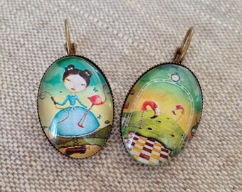 Boucles d'oreilles cabochon, dormeuses ovales, pays imaginaire, illustrés - flamants roses,