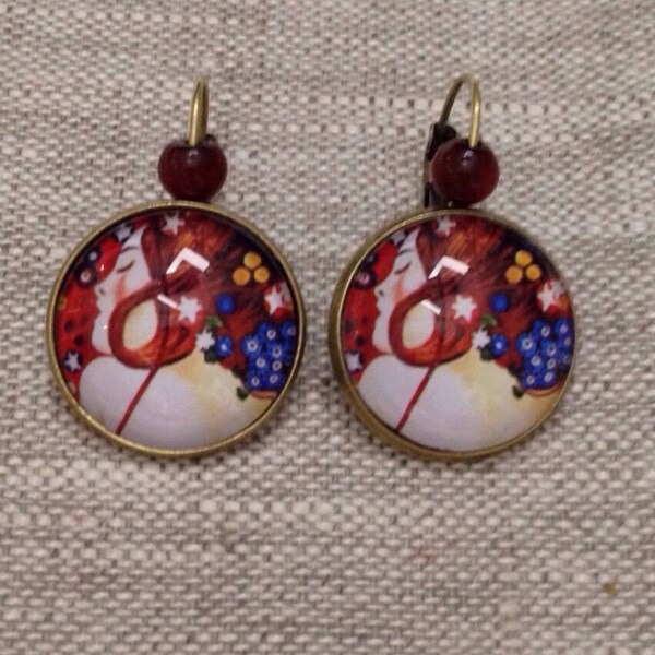 Boucles d'oreilles dormeuses, cabochon, bronze, Klimt, portrait, peinture