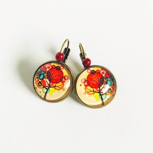 Cabochon earrings, tree of life, multi-colored