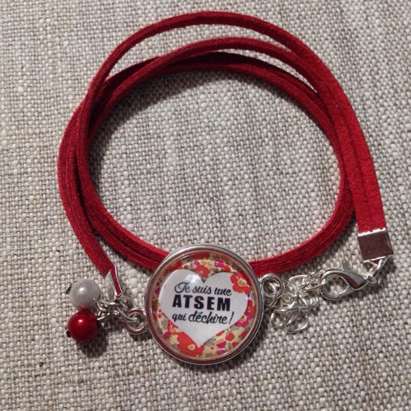 Bracelet ATSEM cabochon suédine rouge, cadeau fin d'année scolaire, ATSEM, Liberty