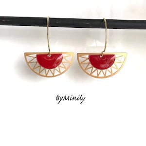 Pendientes de lentejuelas esmaltadas, lentejuelas de media luna, art déco, colgantes - rojo, boda