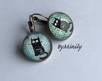 Cat cabochon sleeper earrings, illustrated, cat, polka dots, turquoise