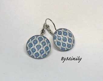 Glass cabochon earrings, sleepers, cashmere, paiskey, blue, ByMinily