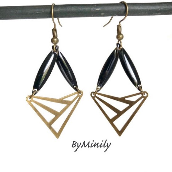 Boucles d'oreilles sequin émaillé navette, triangle connecteur, moderne, graphique