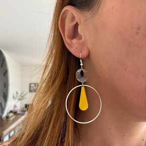 enameled sequin dangling earrings, yellow, silver, drops, image 2