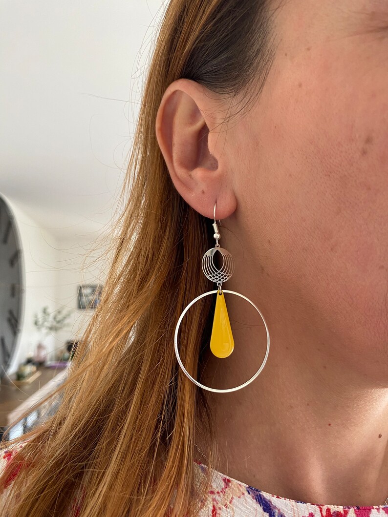 enameled sequin dangling earrings, yellow, silver, drops, image 2