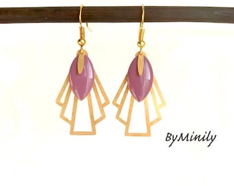 Boucles d'oreilles sequin émaillé, rétro, pendantes, japonisante, mauve clair, idée cadeau, doré