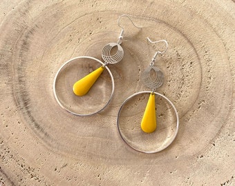 enameled sequin dangling earrings, yellow, silver, drops,