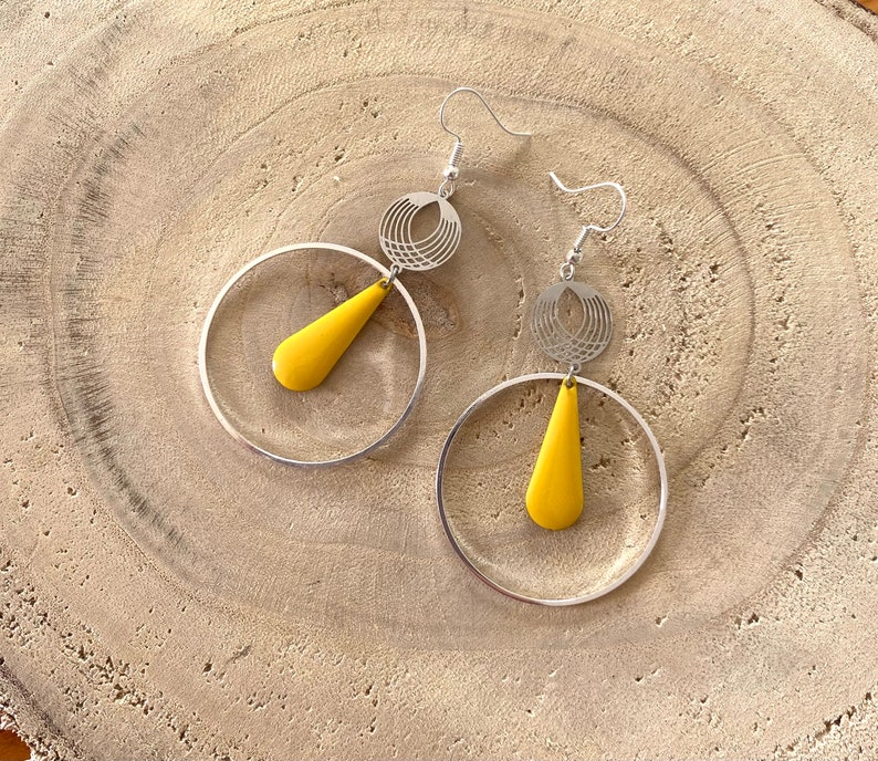enameled sequin dangling earrings, yellow, silver, drops, image 1