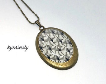 oval cabochon long necklace, geometric, Japanese, gift idea