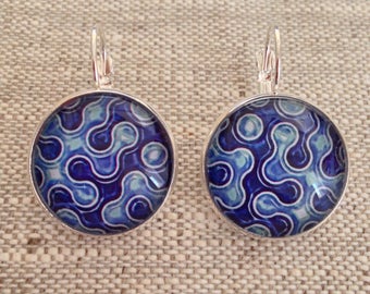 Silver cabochon earrings, sleepers, blue waves