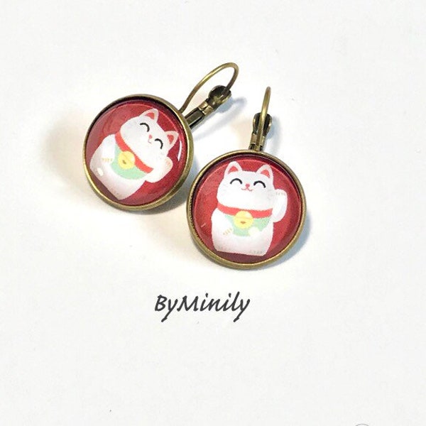 Boucles d'oreilles cabochons en verre, chat, chat chinois, porte bonheur, lucky, japonnais