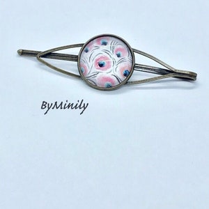 Cabochon barrette, bow, peacock feather, original, pink, hair clip