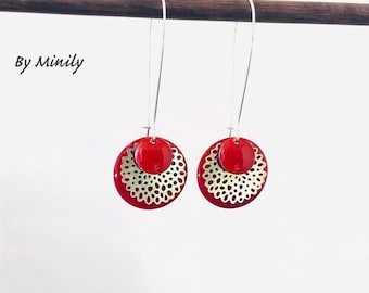 Enamelled sequin earrings, dangling, red