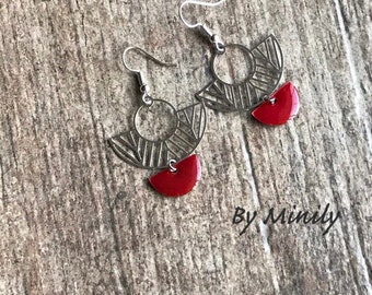 Boucles d'oreille sequin émaillé, pendantes, rosace, 1/2 lune, argenté, idée cadeau, noël, unique, Rouge