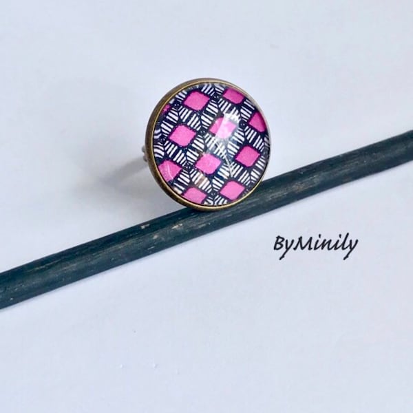 Bague wax, cabochon verre, ronde , wax, rose