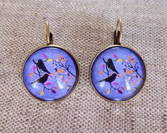 Boucles d'oreilles fantaisies cabochon dormeuses, romantique, rétro, oiseau