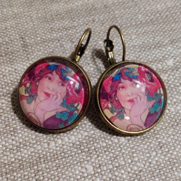 Boucles d'oreille Mucha, cabochon, peintre, femme, antique, art déco