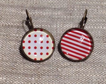 Glass cabochon earrings, polka dots, stripes, red, mismatched
