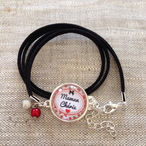 Bracelet cabochon 2 tours noir, idée cadeau fête des mères, maman, message