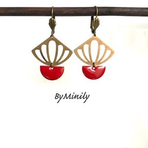 Pendientes de lentejuelas esmaltadas, colgantes, abanico, art deco, rojo