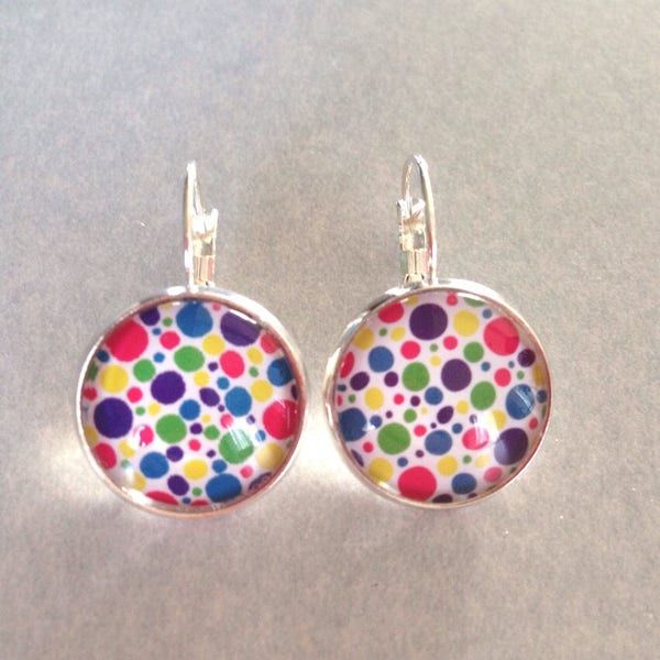 cabochon sleepers, multicolor, polka dots, cabochon earrings