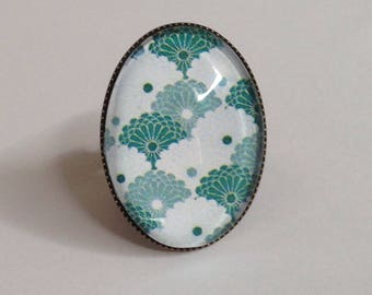 Bague cabochon ovale, bronze, motifs japonais, vagues, turquoise