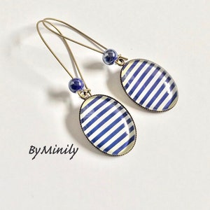 oval cabochon dangling earrings - large sleepers - sailor - sailor - stripes - blue